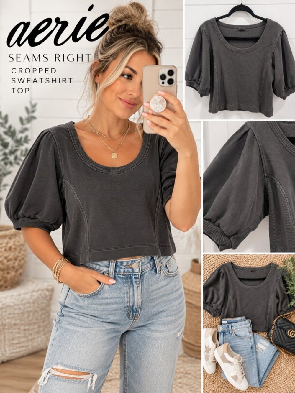 Aerie Seams Right Cropped Sweatshirt Puff Sleeve Washed Black Large